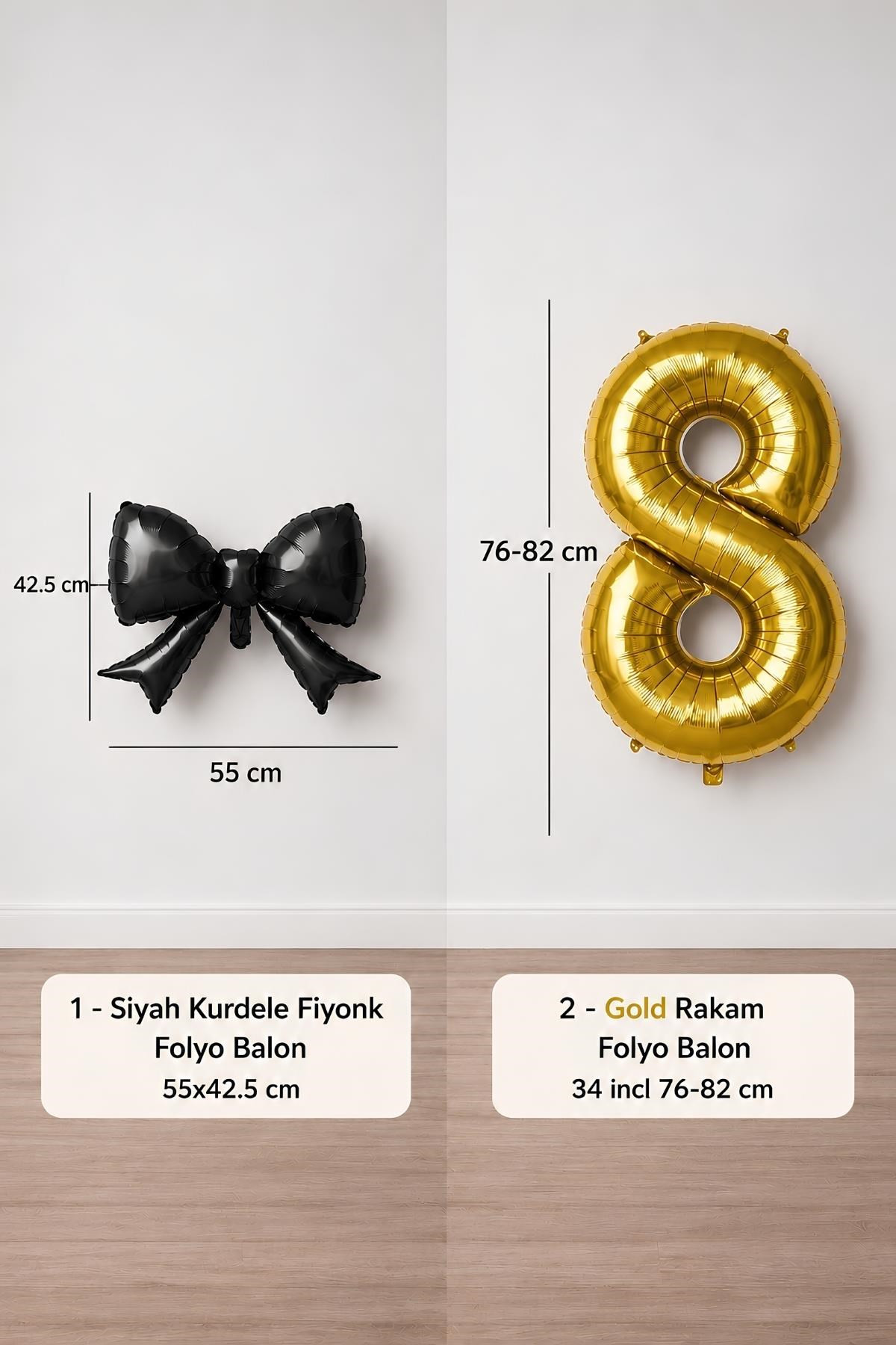 Siyah Fiyonk & Gold 8 Rakam Folyo Balon Seti