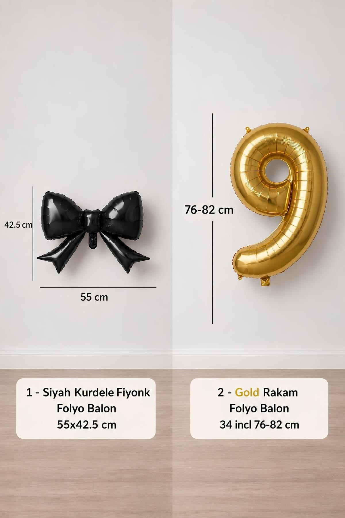 Siyah Fiyonk & Gold 9 Rakam Folyo Balon Seti