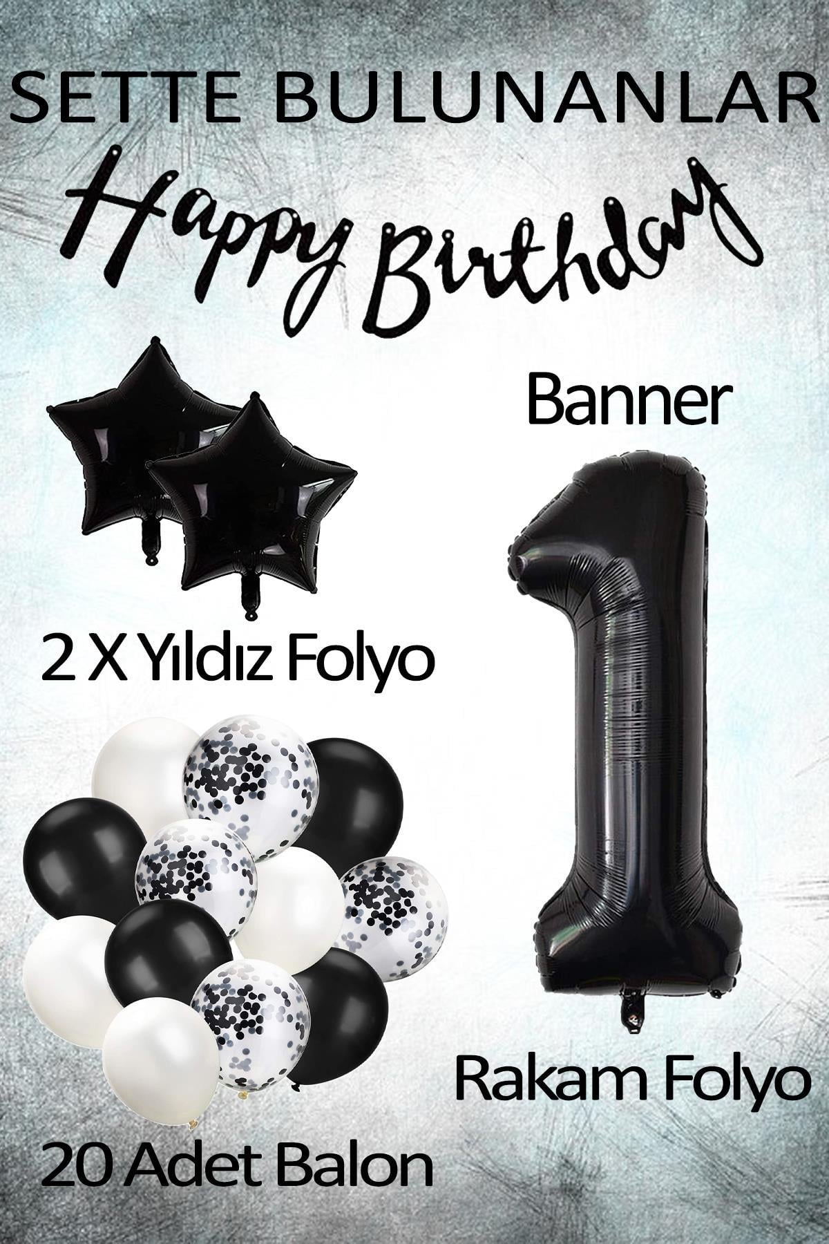 Siyah Konsept 1 Yaş Doğum Günü Kutlama Seti; Beyaz Siyah Konfetili Balon, Rakam Yıldız Folyo ve Banner