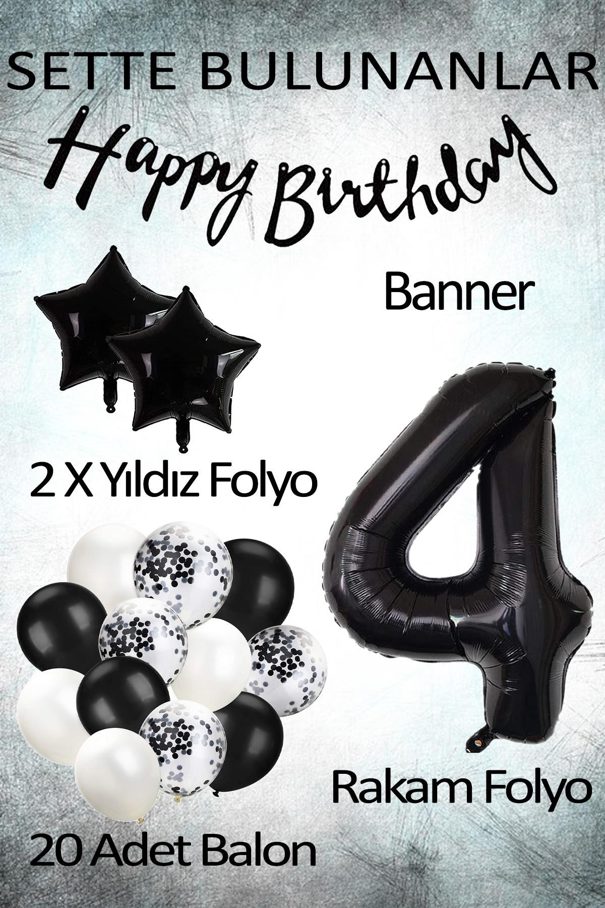Siyah Konsept 4 Yaş Doğum Günü Kutlama Seti; Beyaz Siyah Konfetili Balon, Rakam Yıldız Folyo ve Banner