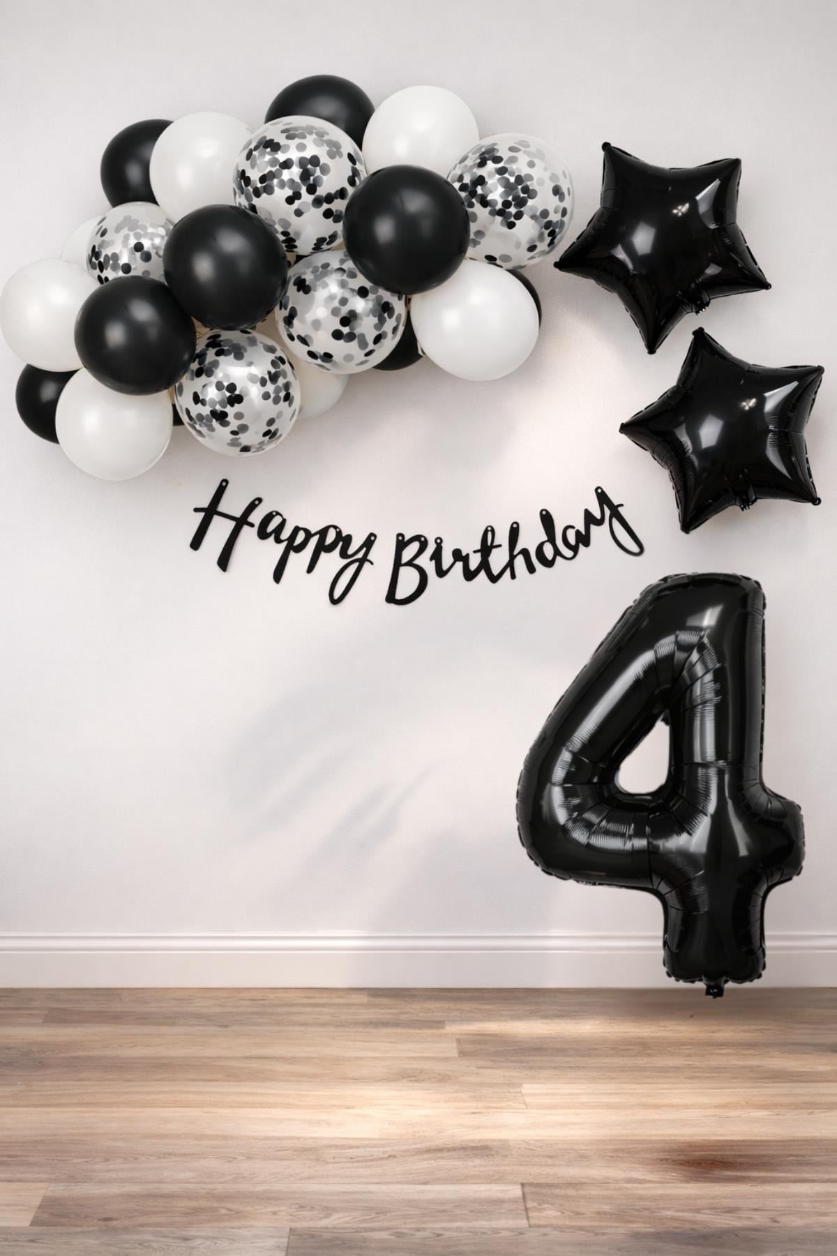 Siyah Konsept 4 Yaş Doğum Günü Kutlama Seti; Beyaz Siyah Konfetili Balon, Rakam Yıldız Folyo ve Banner