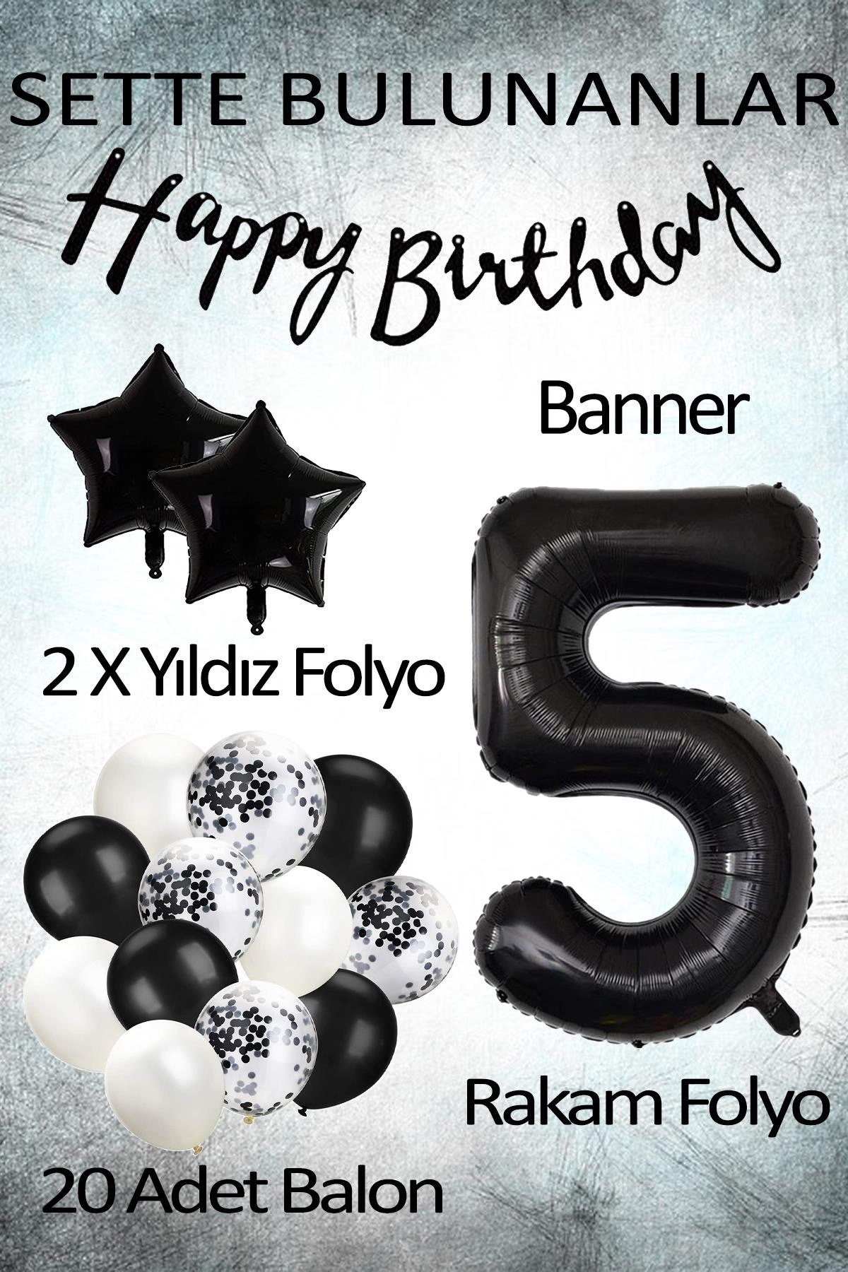 Siyah Konsept 5 Yaş Doğum Günü Kutlama Seti; Beyaz Siyah Konfetili Balon, Rakam Yıldız Folyo ve Banner