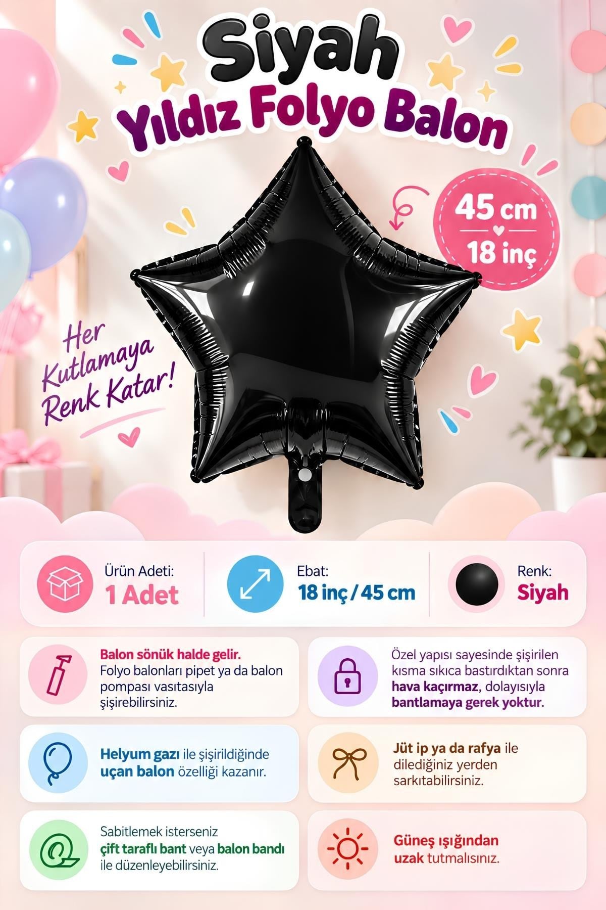 Siyah Yıldız Folyo Balon 45 cm - Bebek Çocuk Parti Kutlama
