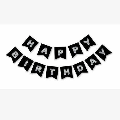 Siyah Zemin Gümüş Happy Birthday Banner 