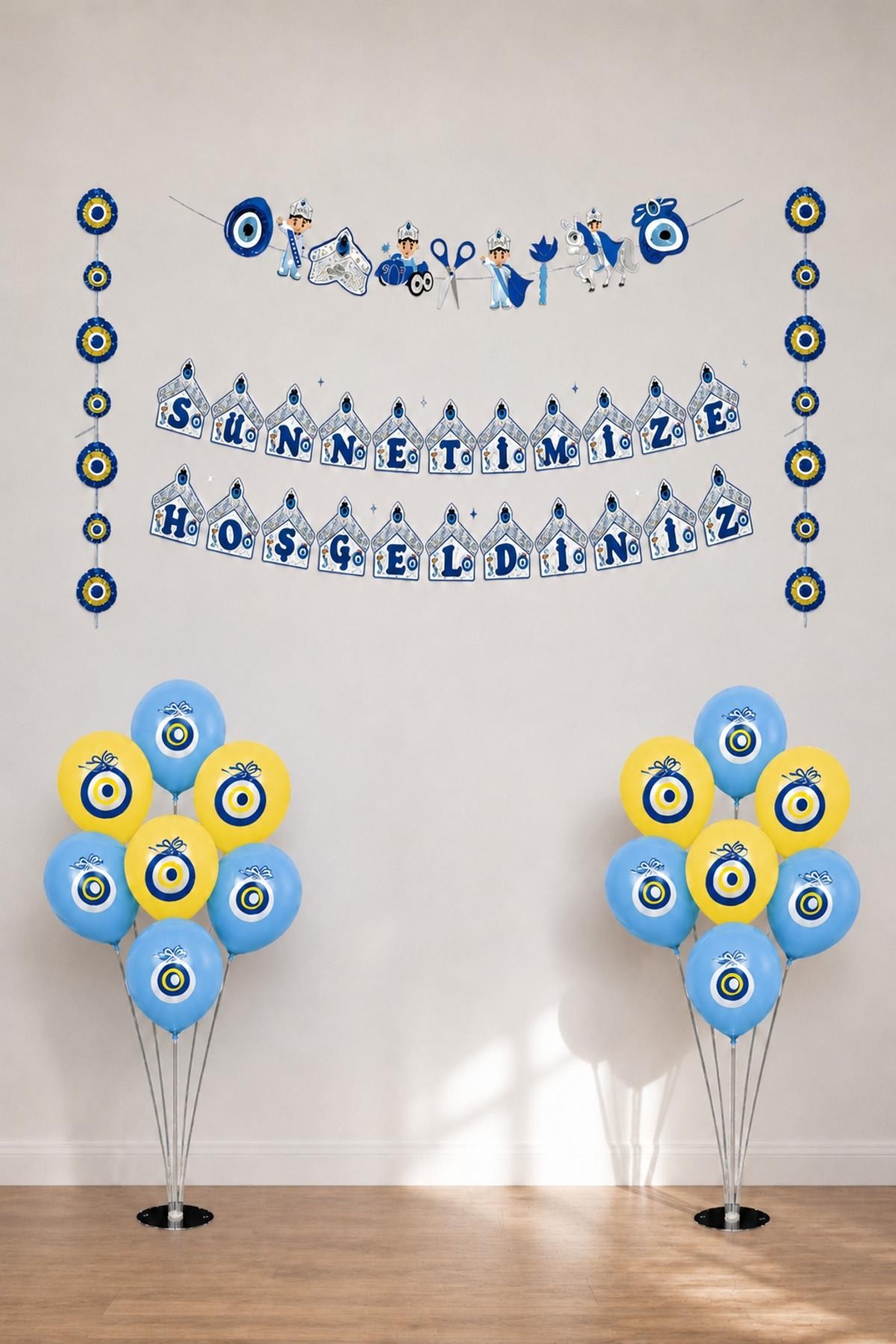 Sünnet Kutlama Seti 3Lü Banner, 20 Adet Sarı- Mavi Nazar Boncuğu Baskılı Balon ve 2 Adet Balon Standı