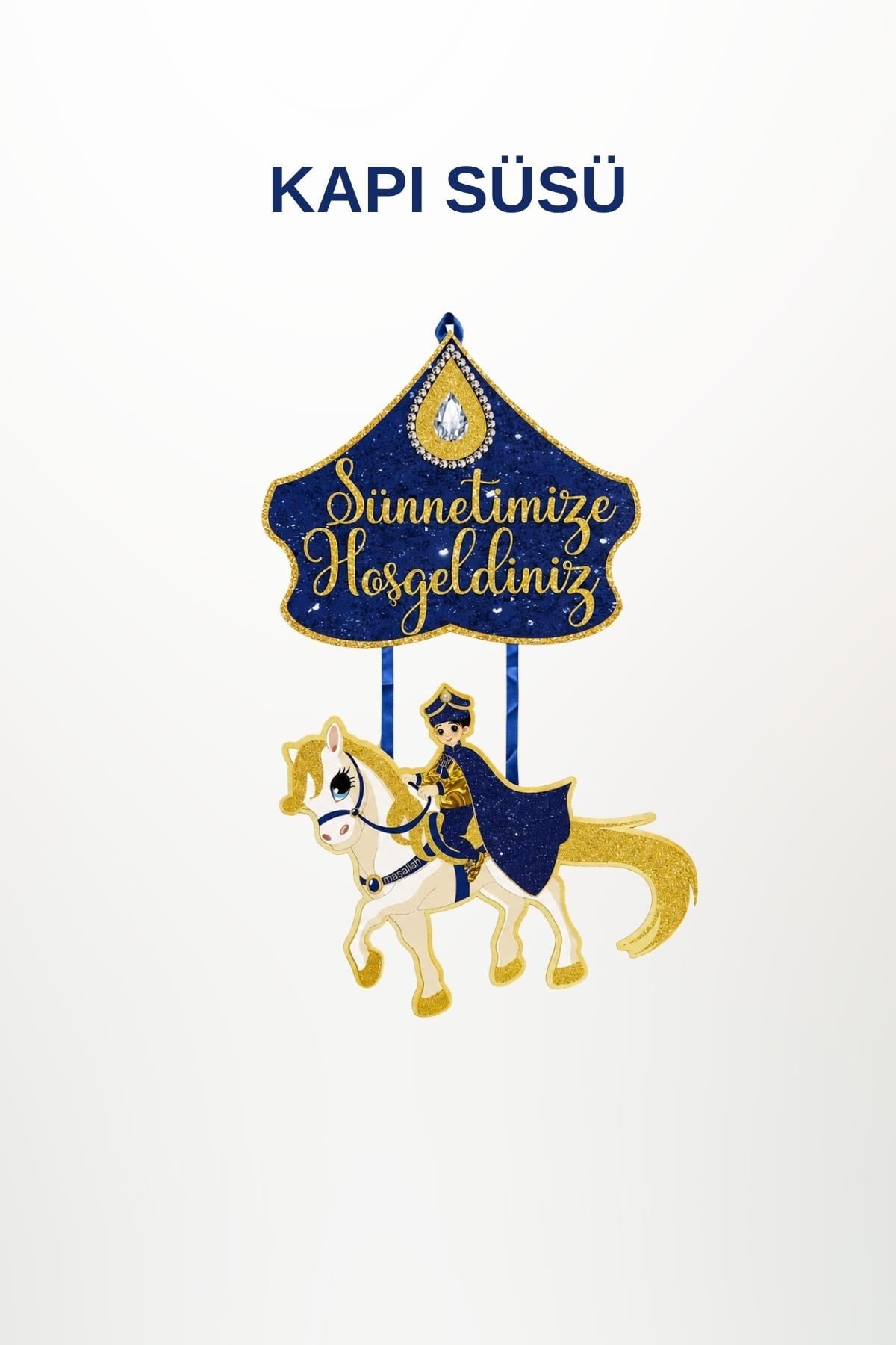 Sünnetimize Hoş Geldiniz Kapı Süsü – Atlı Şehzade Temalı Lacivert Gold Sünnet Kapı Süsü Hastane ve Ev Dekoru