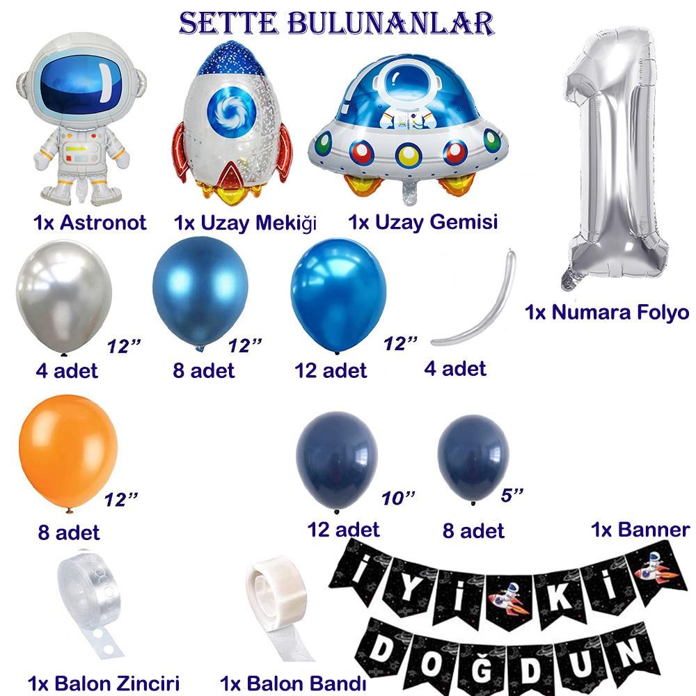 Uzay Temalı Doğum Günü Seti 1 Yaş; 4 Adet Folyo, 60 Lateks Balon, Banner, Balon Zinciri, Balon Bandı