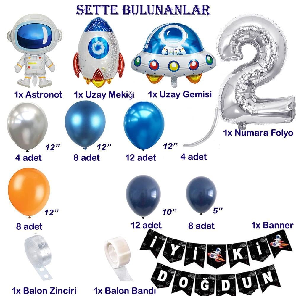 Uzay Temalı Doğum Günü Seti 2 Yaş; 4 Adet Folyo, 60 Lateks Balon, Banner, Balon Zinciri, Balon Bandı