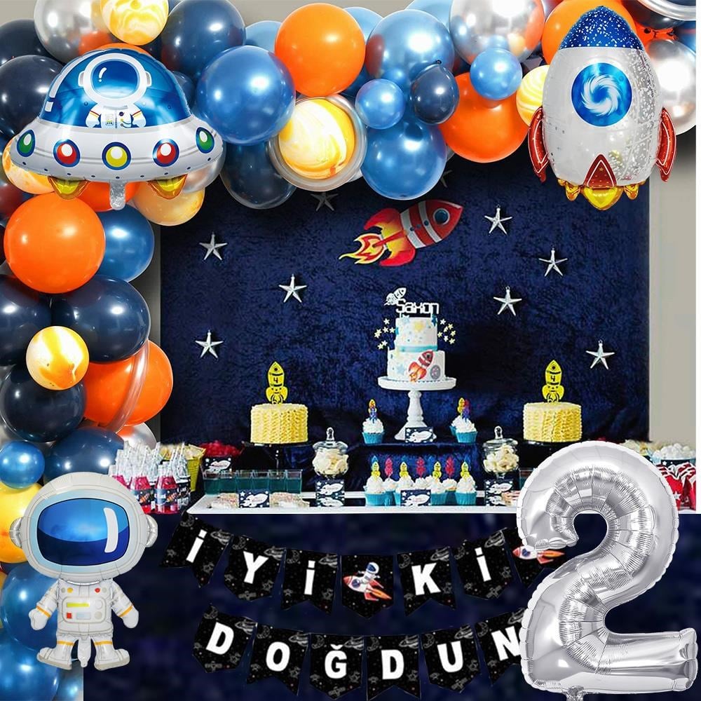 Uzay Temalı Doğum Günü Seti 2 Yaş; 4 Adet Folyo, 60 Lateks Balon, Banner, Balon Zinciri, Balon Bandı