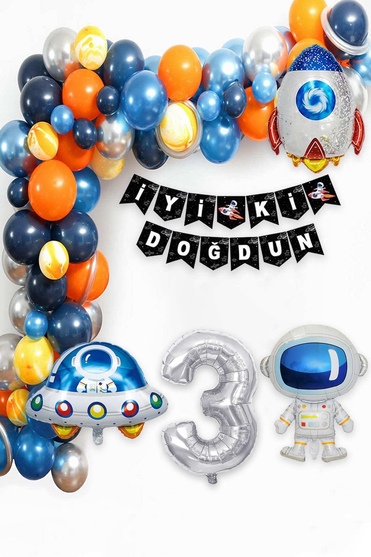 Uzay Temalı Doğum Günü Seti 3 Yaş; 4 Adet Folyo, 60 Lateks Balon, Banner, Balon Zinciri, Balon Bandı