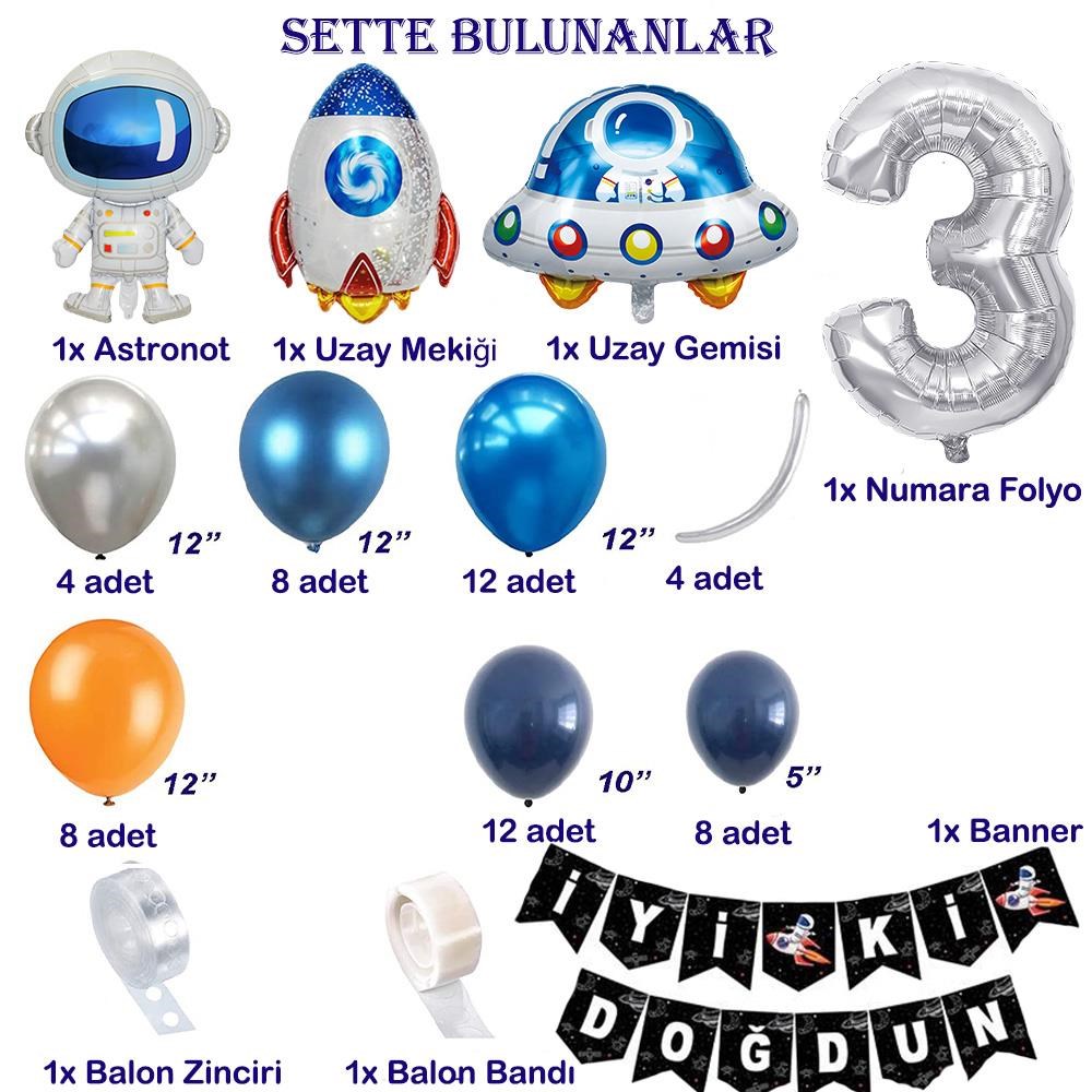 Uzay Temalı Doğum Günü Seti 3 Yaş; 4 Adet Folyo, 60 Lateks Balon, Banner, Balon Zinciri, Balon Bandı