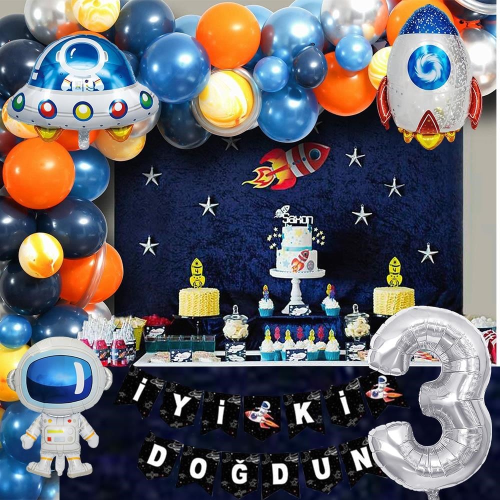 Uzay Temalı Doğum Günü Seti 3 Yaş; 4 Adet Folyo, 60 Lateks Balon, Banner, Balon Zinciri, Balon Bandı