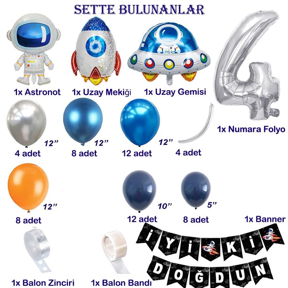 Uzay Temalı Doğum Günü Seti 4 Yaş; 4 Adet Folyo, 60 Lateks Balon, Banner, Balon Zinciri, Balon Bandı