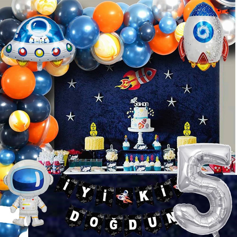 Uzay Temalı Doğum Günü Seti 5 Yaş; 4 Adet Folyo, 60 Lateks Balon, Banner, Balon Zinciri, Balon Bandı
