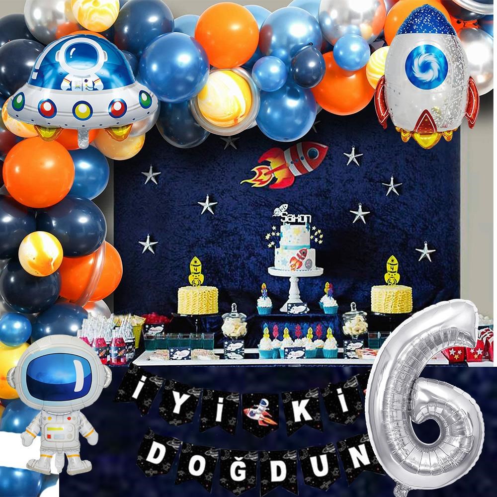 Uzay Temalı Doğum Günü Seti 6 Yaş; 4 Adet Folyo, 60 Lateks Balon, Banner, Balon Zinciri, Balon Bandı
