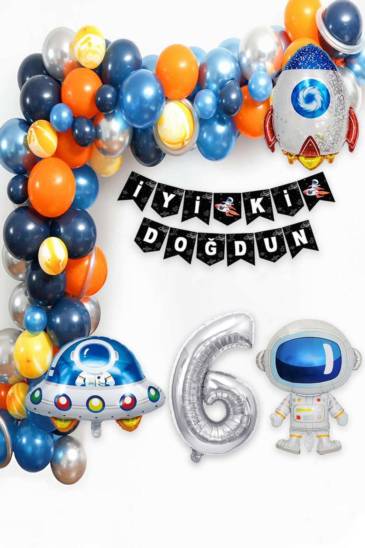 Uzay Temalı Doğum Günü Seti 6 Yaş; 4 Adet Folyo, 60 Lateks Balon, Banner, Balon Zinciri, Balon Bandı