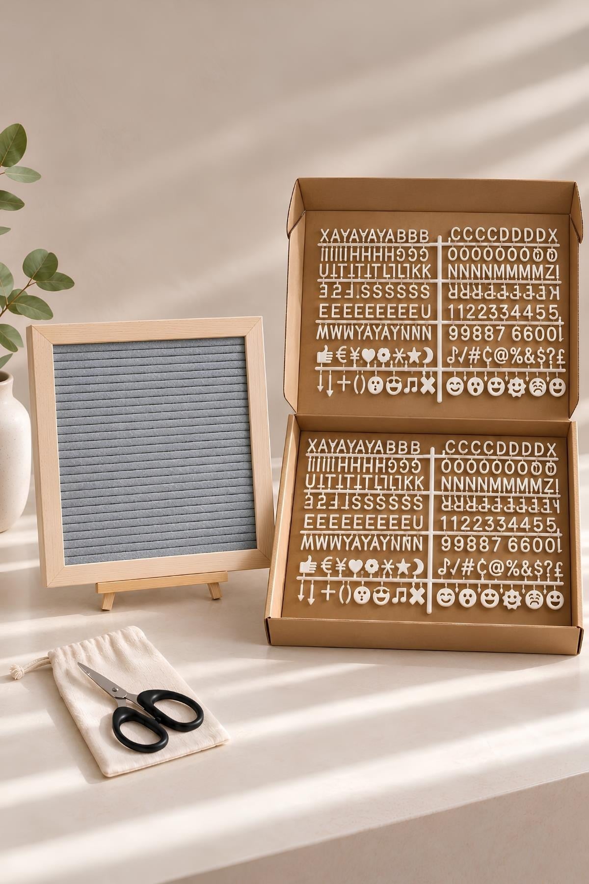 WoodArt Premium Letter Board Seti, Füme Antrasit Keçe Yüzeyli Doğal Çam Ahşap Yazı Panosu – Şövale Standlı Dekoratif Set