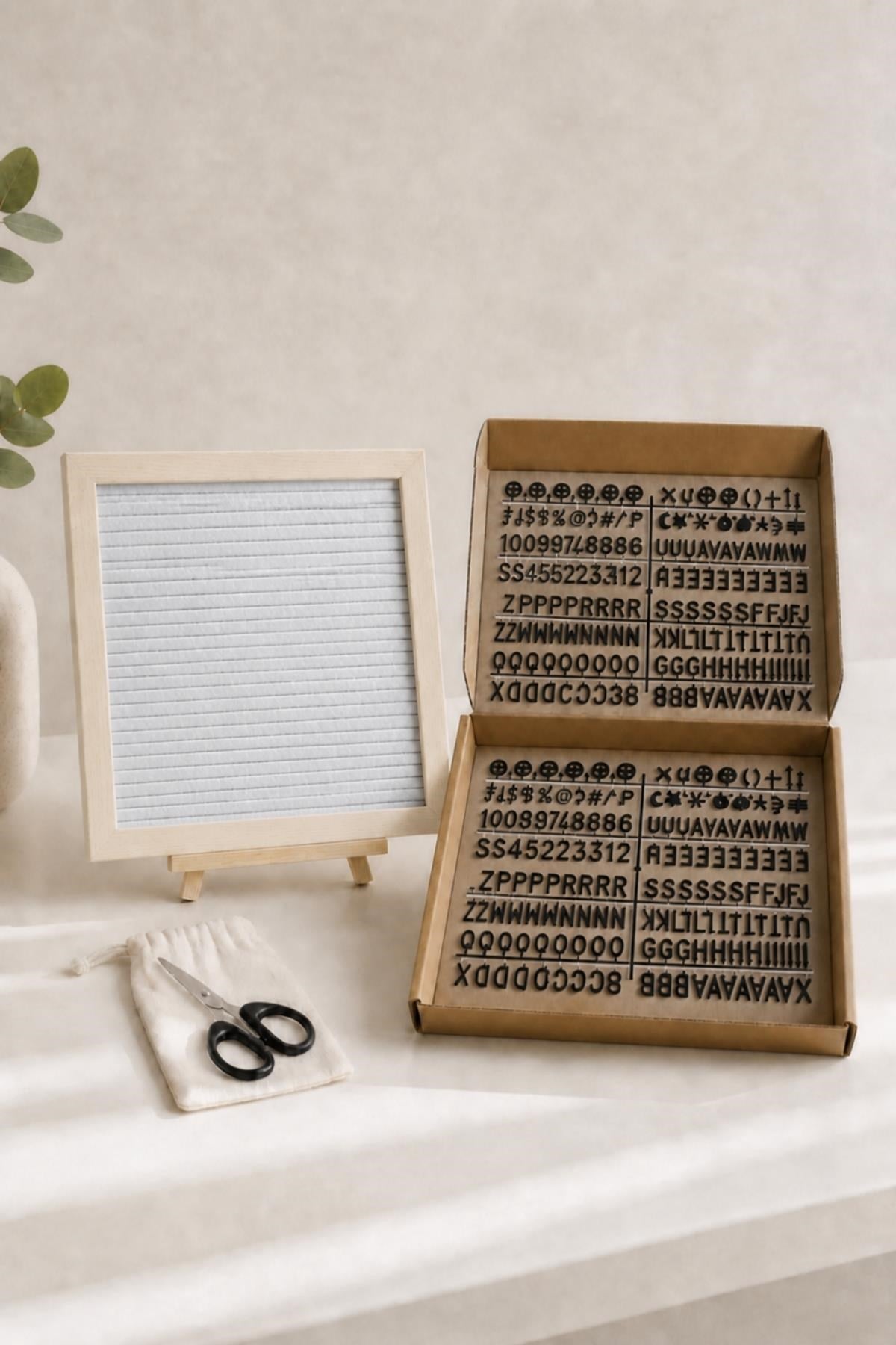 WoodArt Premium Letter Board Seti, İnci Beyazı Keçe Yüzeyli Doğal Çam Ahşap Yazı Panosu – Şövale Standlı Dekoratif Set