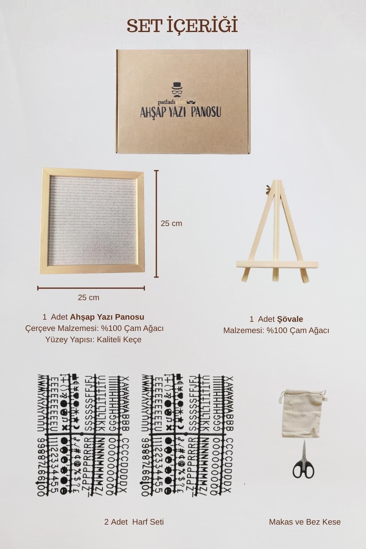 WoodArt Premium Letter Board Seti, İnci Beyazı Keçe Yüzeyli Doğal Çam Ahşap Yazı Panosu – Şövale Standlı Dekoratif Set