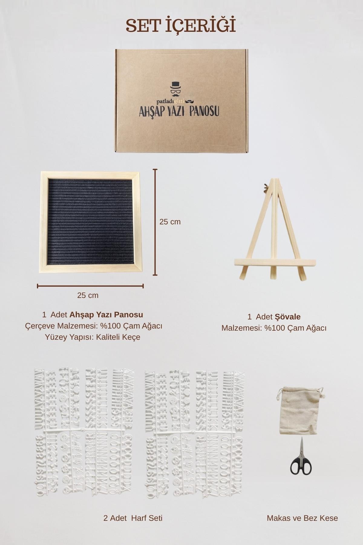 WoodArt Premium Letter Board Seti, Mat Gece Siyahı Keçe Yüzeyli Doğal Çam Ahşap Yazı Panosu – Şövale Standlı Dekoratif Set