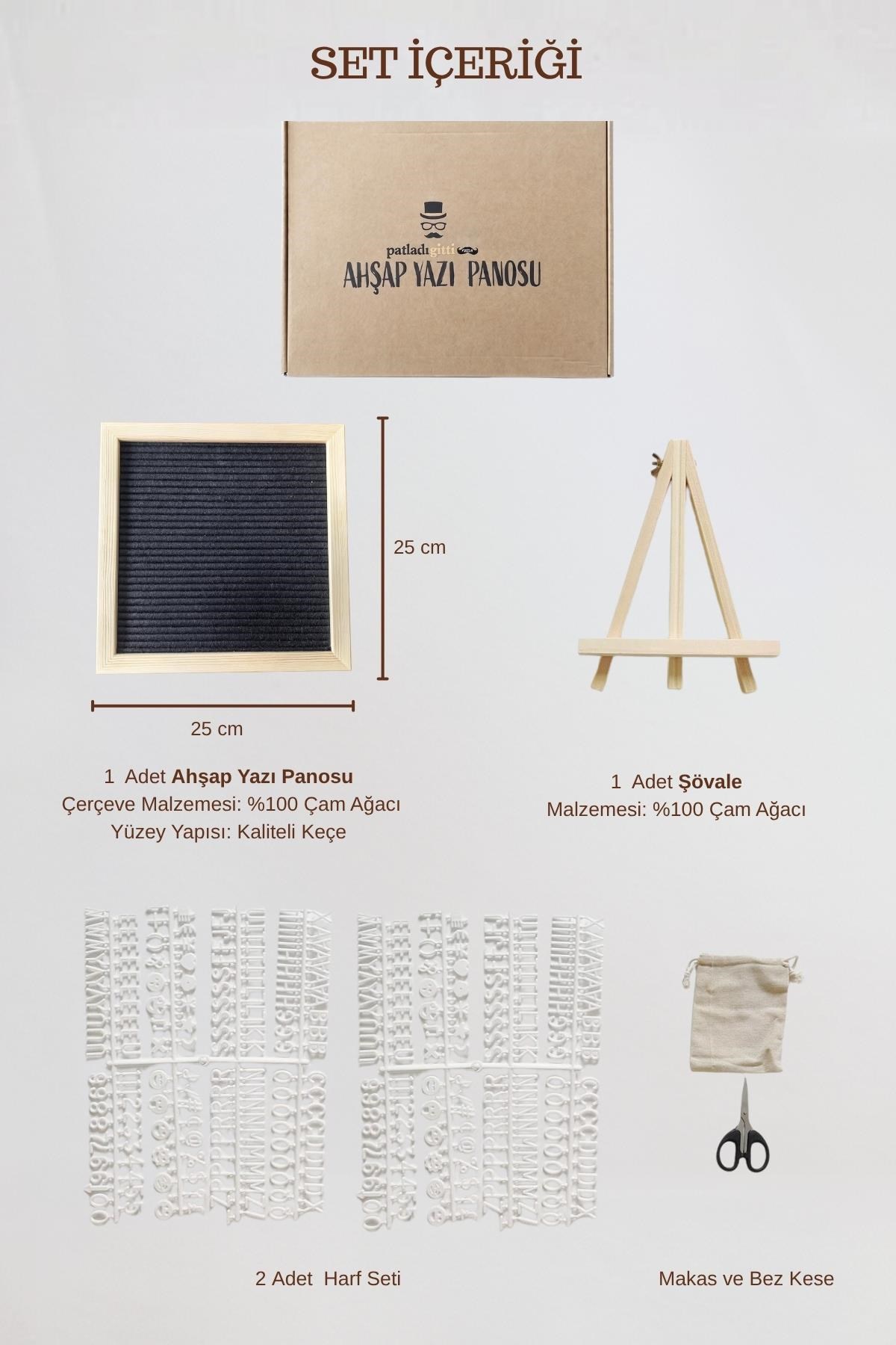 WoodArt Premium Letter Board Seti, Mat Gece Siyahı Keçe Yüzeyli Doğal Çam Ahşap Yazı Panosu – Şövale Standlı Dekoratif Set