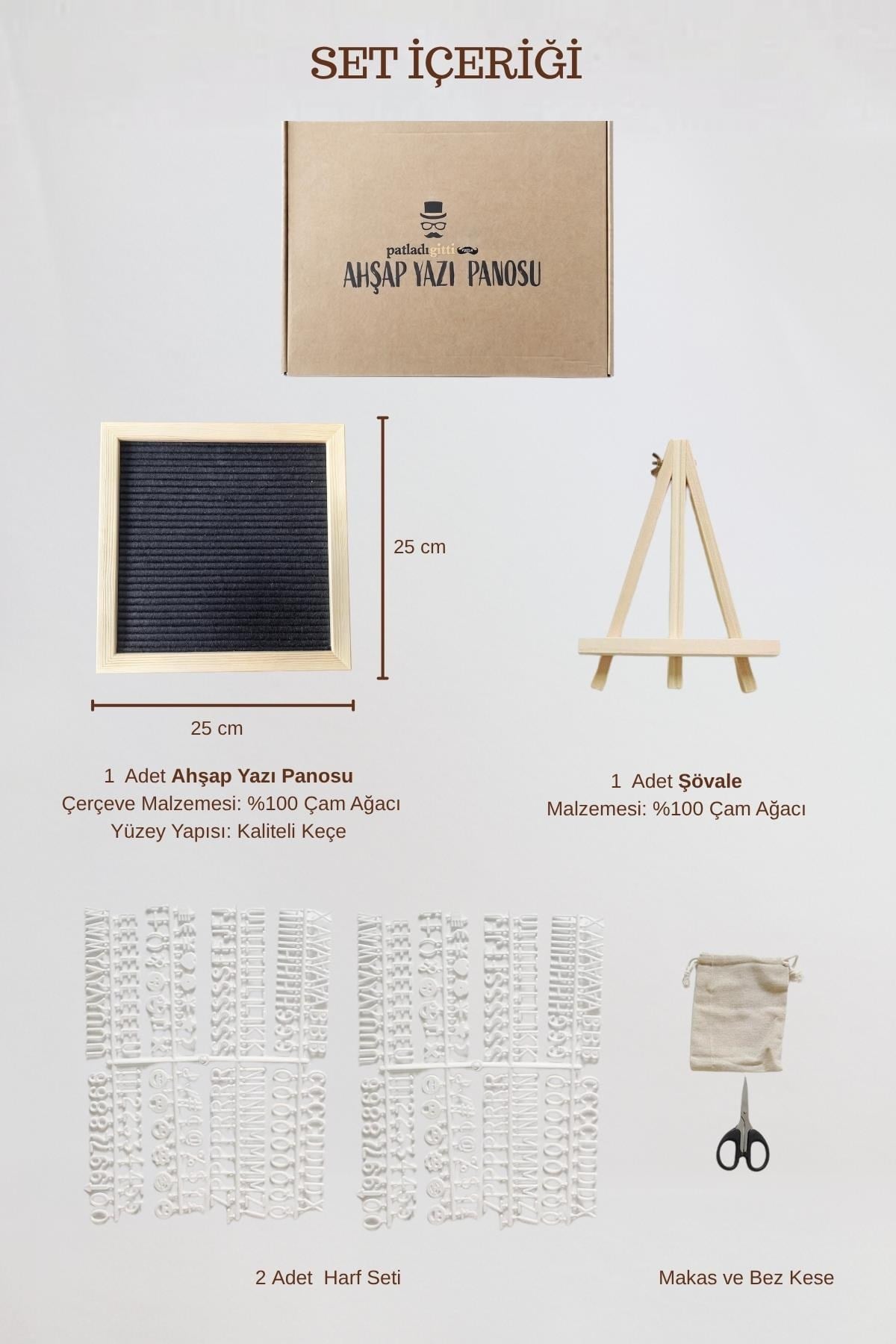 WoodArt Premium Letter Board Seti, Mat Gece Siyahı Keçe Yüzeyli Doğal Çam Ahşap Yazı Panosu – Şövale Standlı Dekoratif Set