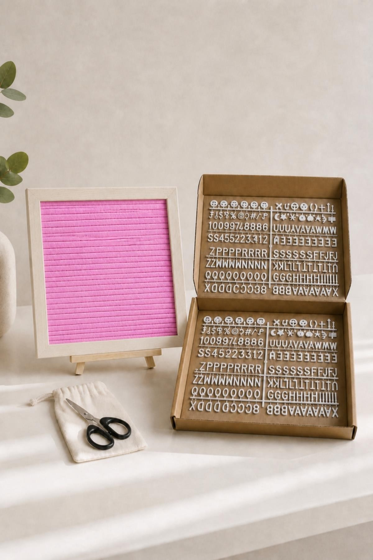 WoodArt Premium Letter Board Seti, Pudra Pembe Keçe Yüzeyli Doğal Çam Ahşap Yazı Panosu – Şövale Standlı Dekoratif Set