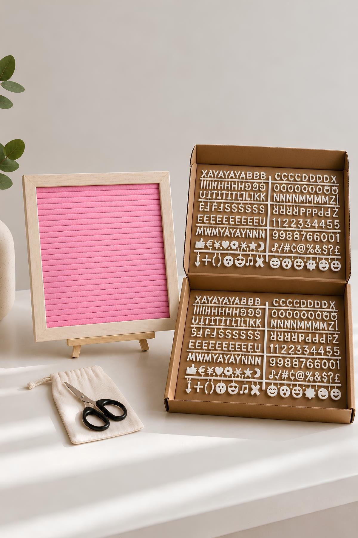WoodArt Premium Letter Board Seti, Pudra Pembe Keçe Yüzeyli Doğal Çam Ahşap Yazı Panosu – Şövale Standlı Dekoratif Set