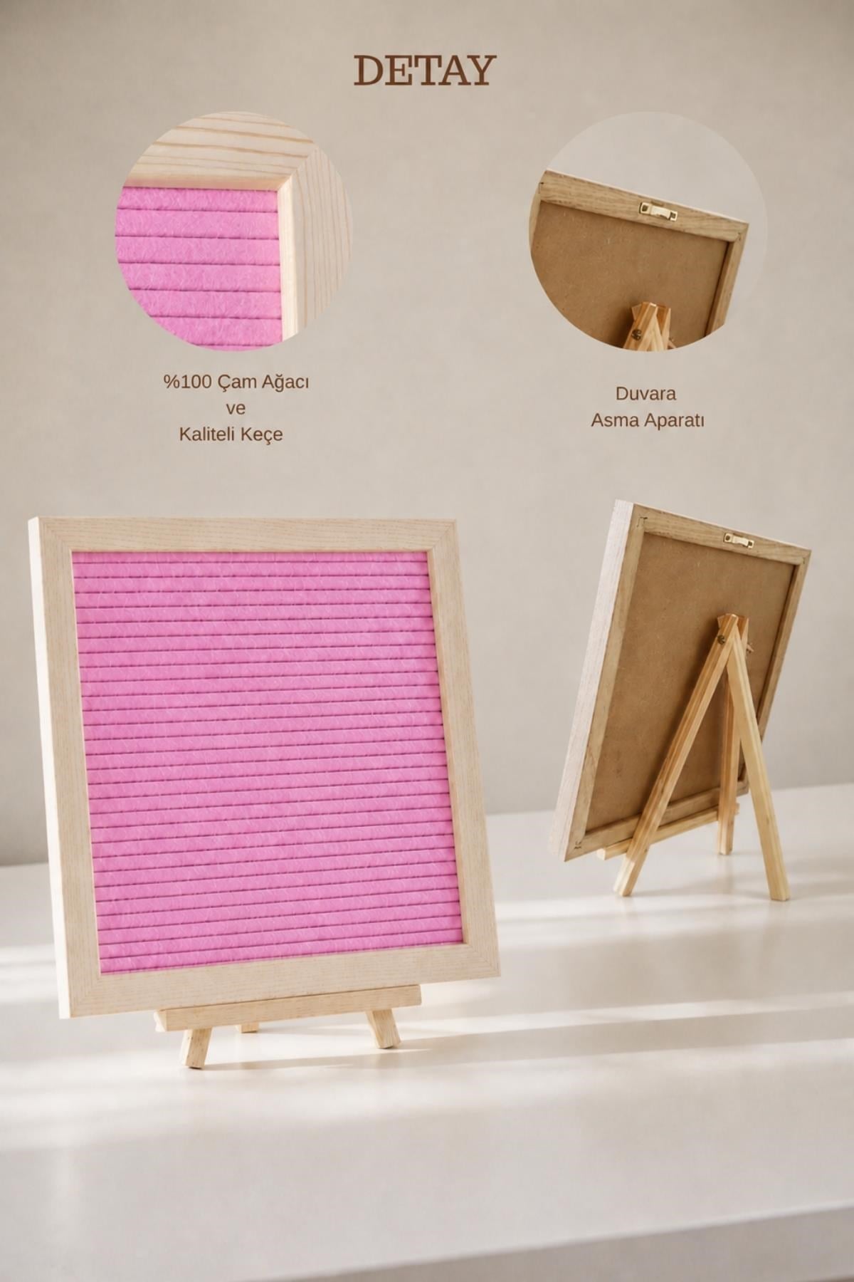 WoodArt Premium Letter Board Seti, Pudra Pembe Keçe Yüzeyli Doğal Çam Ahşap Yazı Panosu – Şövale Standlı Dekoratif Set