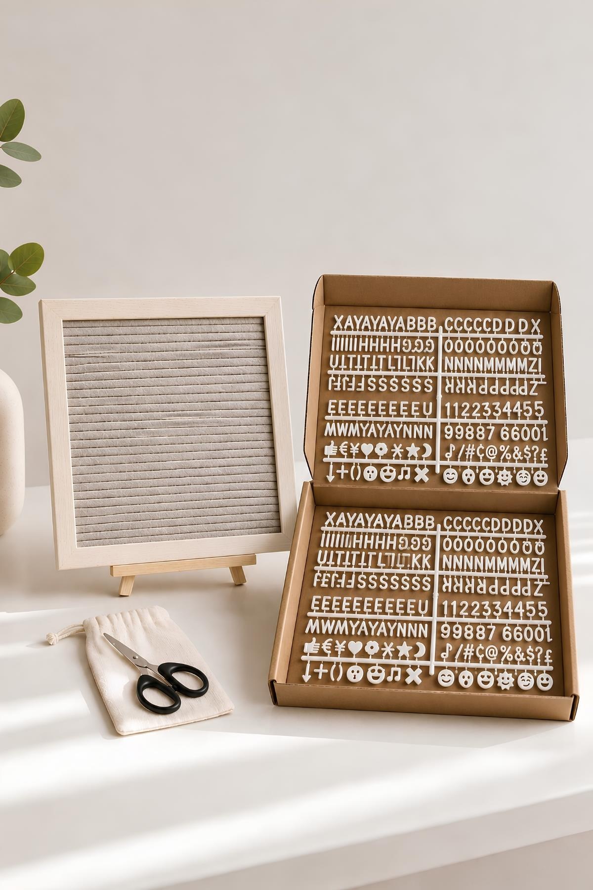 WoodArt Premium Letter Board Seti, Şampanya Krem Keçe Yüzeyli Doğal Çam Ahşap Yazı Panosu – Şövale Standlı Dekoratif Set