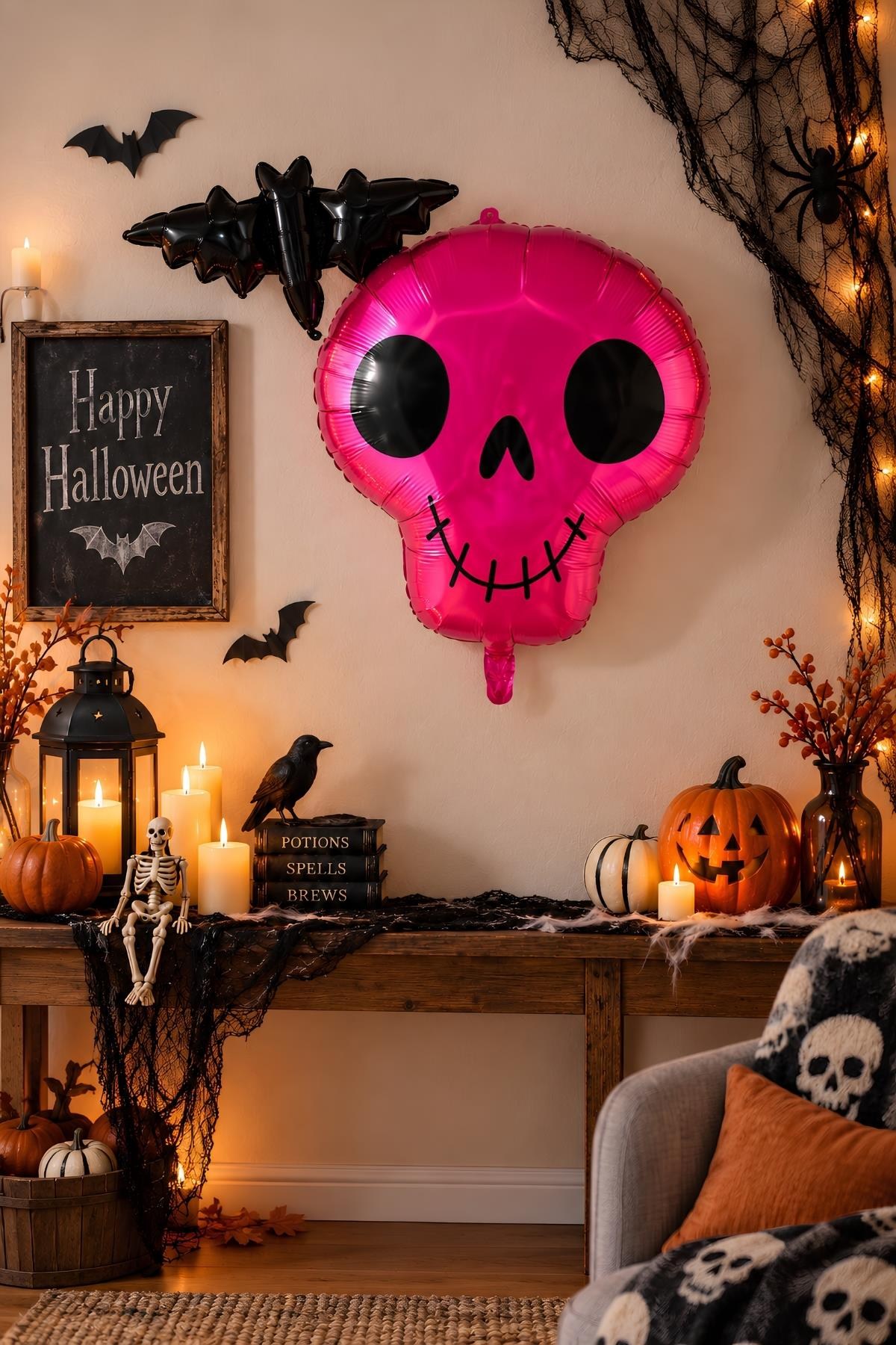 Yarasalı Kuru Kafa Büyük Boy 55x80 Cm Folyo Balon Halloween Cadılar Bayramı Parti Malzemesi