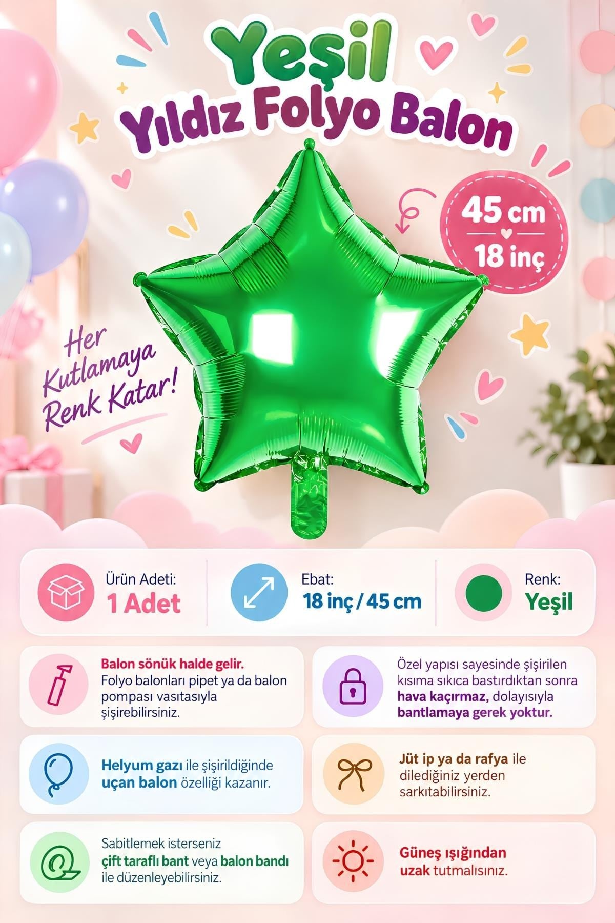 Yeşil Yıldız Folyo Balon 45 cm - Bebek Çocuk Parti Kutlama