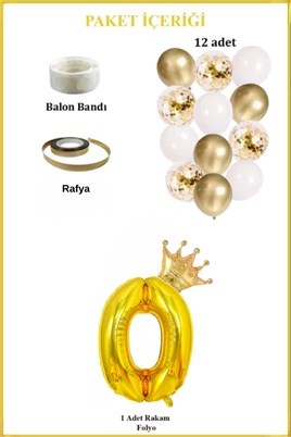 0 Rakam Gold Folyo Balon, Kral Tacı Ve Konfetili Gold Balon