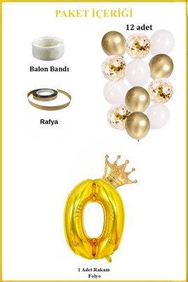 0 Rakam Gold Folyo Balon, Kral Tacı Ve Konfetili Gold Balon