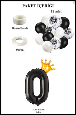 0 Rakam Siyah Folyo Balon, Kral Tacı Ve Konfetili Siyah Balon Set