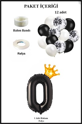 0 Rakam Siyah Folyo Balon, Kral Tacı Ve Konfetili Siyah Balon Set