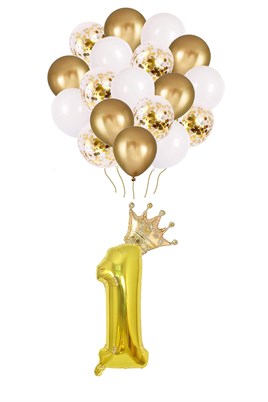1 Rakam Gold Folyo Balon, Kral Tacı Ve Konfetili Gold Balon