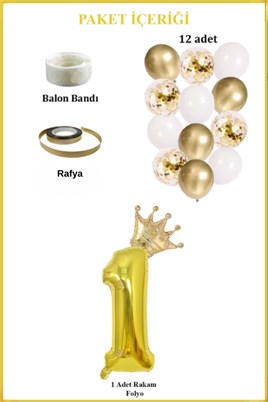 1 Rakam Gold Folyo Balon, Kral Tacı Ve Konfetili Gold Balon