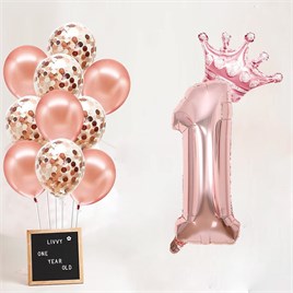 1 Rakam Rose Gold Folyo Balon, Kral Tacı Ve Konfetili Rose Gold Balon