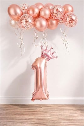 1 Rakam Rose Gold Folyo Balon, Kral Tacı Ve Konfetili Rose Gold Balon