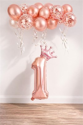 1 Rakam Rose Gold Folyo Balon, Kral Tacı Ve Konfetili Rose Gold Balon