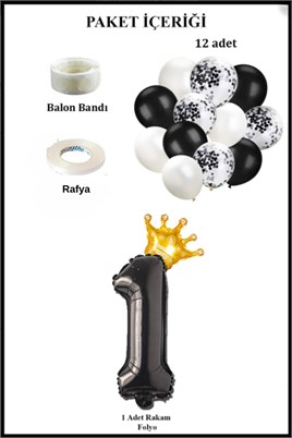 1 Rakam Siyah Folyo Balon, Kral Tacı Ve Konfetili Siyah Balon Set
