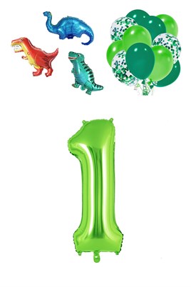 1 Yaş Dinazor Set; Rakam Folyo, 3 Adet Mini Dinazor ve 10 lu Balon