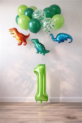 1 Yaş Dinazor Set; Rakam Folyo, 3 Adet Mini Dinazor ve 10 lu Balon