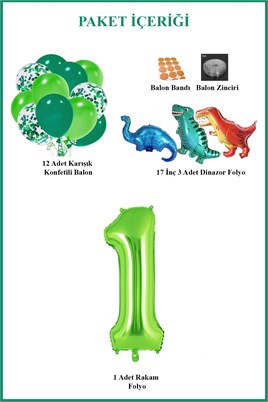 1 Yaş Dinazor Set; Rakam Folyo, 3 Adet Mini Dinazor ve 10 lu Balon