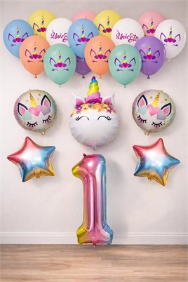 1 Yaş Gökkuşağı Konsepti Unicorn Temalı Doğum Günü Parti Kutlama Seti