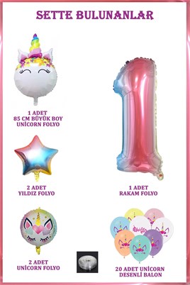 1 Yaş Gökkuşağı Konsepti Unicorn Temalı Doğum Günü Parti Kutlama Seti