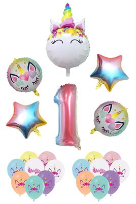 1 Yaş Gökkuşağı Konsepti Unicorn Temalı Doğum Günü Parti Kutlama Seti