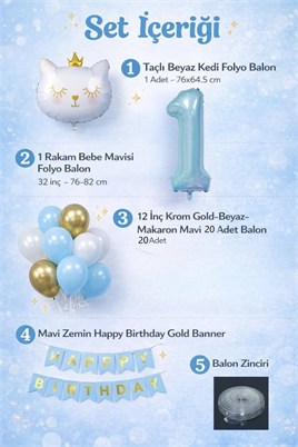 1 Yaş Kedi Temalı Doğum Günü Balon Seti – Mavi Gold Konsept