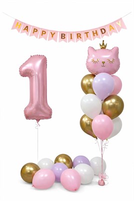 1 Yaş Kedi Temalı Doğum Günü Balon Seti – Pembe Gold Konsept